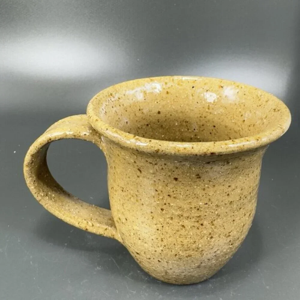 Hand Made Pottery Coffee Mug Cup Stoneware Artist Signed Raised Flower Brown VTG